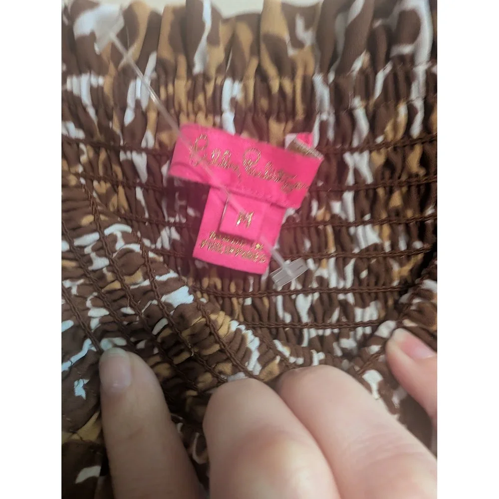 Lilly Pulitzer Smocked Blouse Womens Medium Brown Leopard Print Puff Sleeve Top